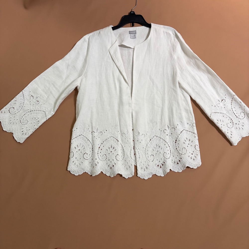 Chicos White 100% Linen 2 Piece Eyelet Embroidery Pant Set Jacket Size 0 S 4 6 - Picture 8 of 15
